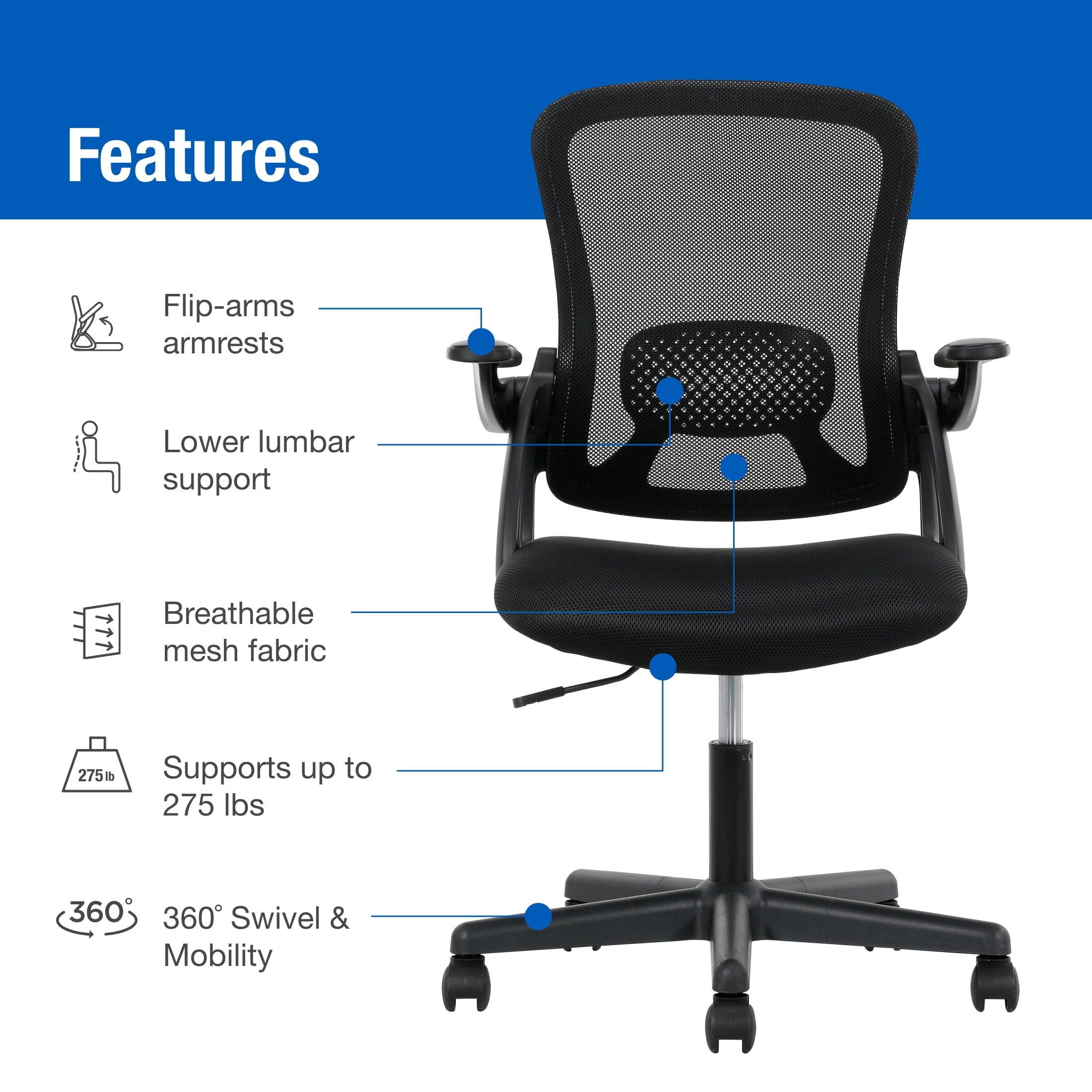 Mainstays Ergonomic Mesh Back Office Chair with Flip Up Arms for Adults, Black Fabric, 275lb
