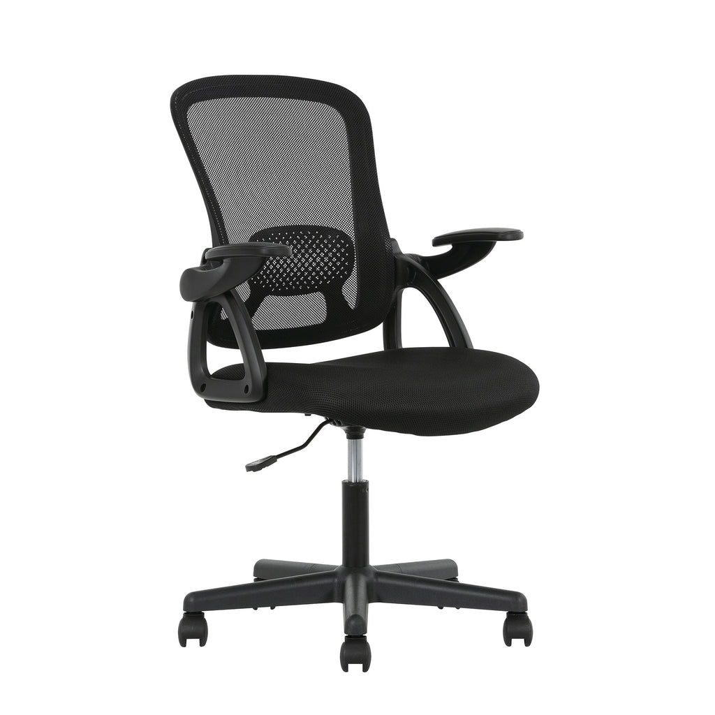Mainstays Ergonomic Mesh Back Office Chair with Flip Up Arms for Adults, Black Fabric, 275lb