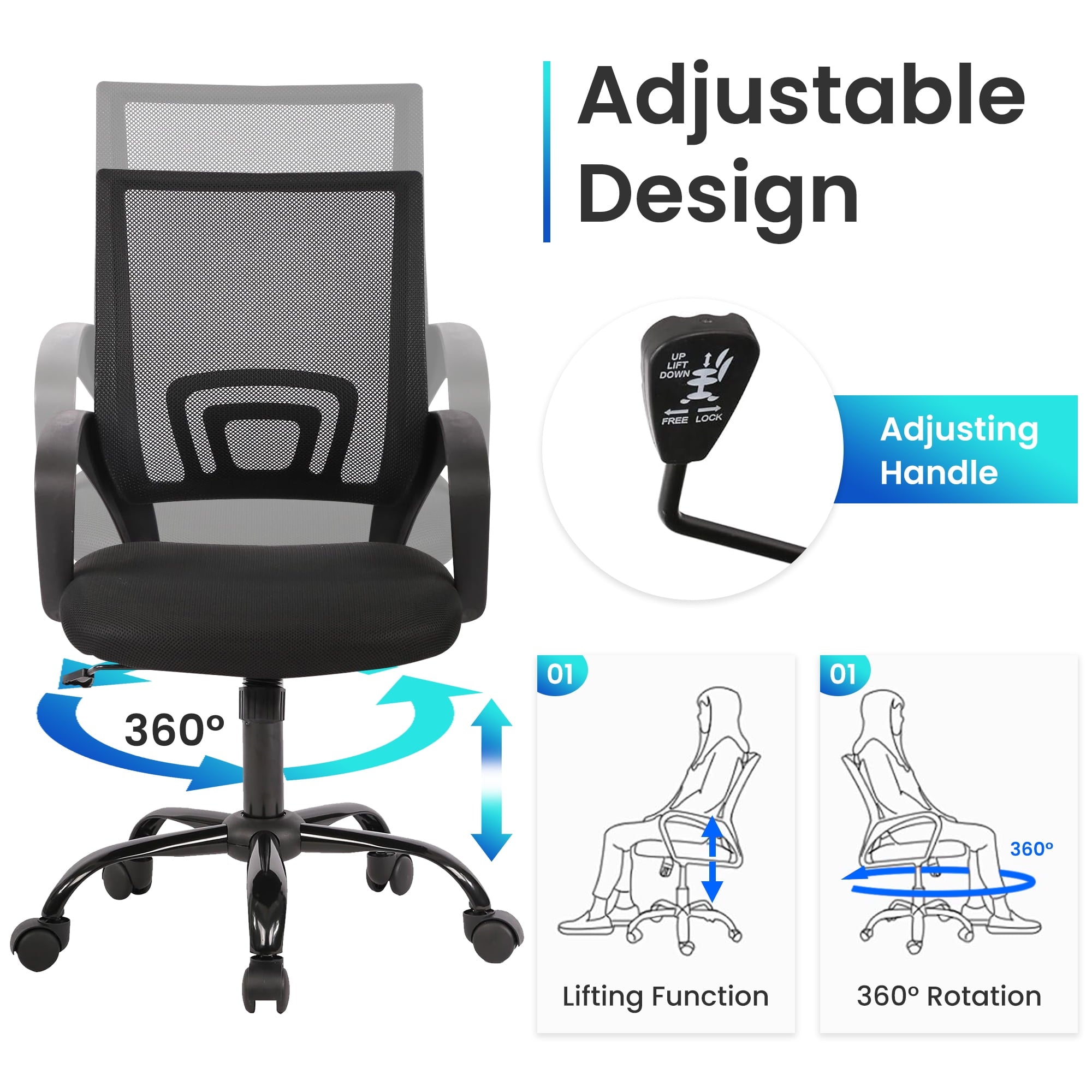 JONPONY Ergonomic Office Chair, Lumbar Support, Adjustable Height with Armrests for Adults,Black