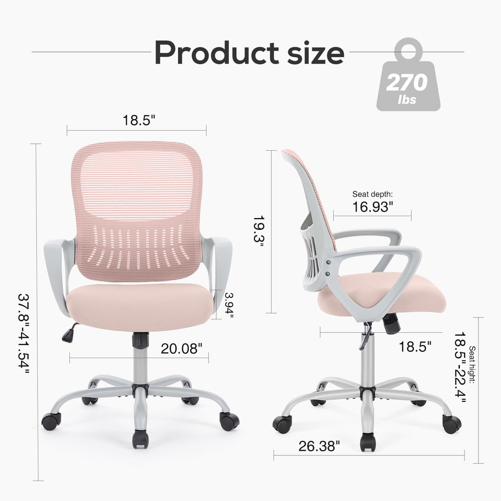 edx Desk Chair with Ergonomic Lumbar Support for Home, Office, Bedroom, 250lbs, Pink