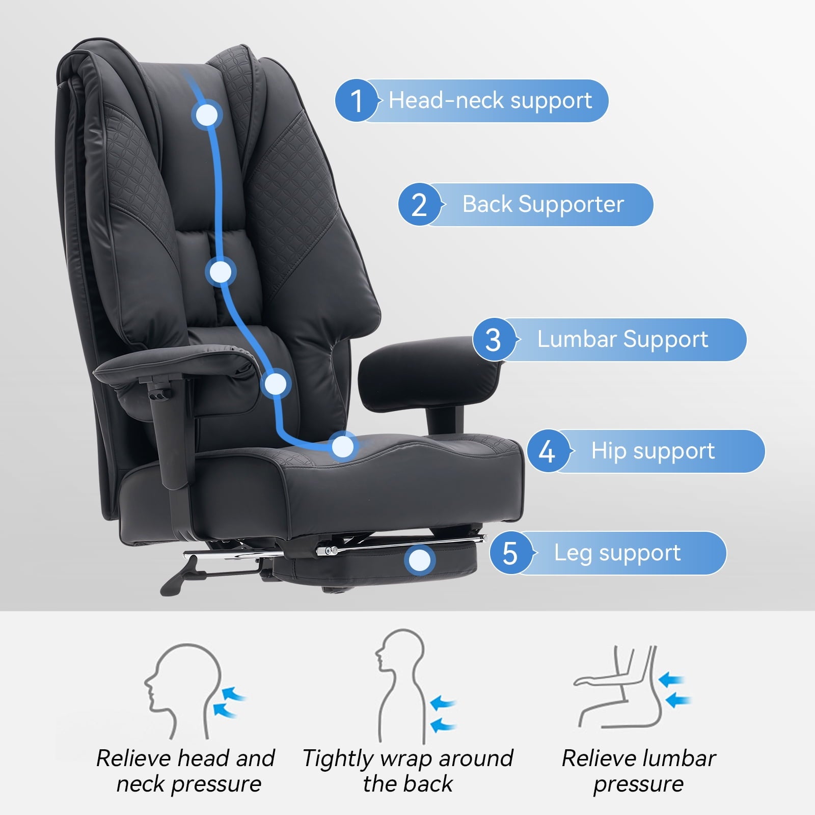 ATMILD High Back Ergonomic Office Chair Big and Tall Leather Executive Computer Desk Chair with Footrest, Black